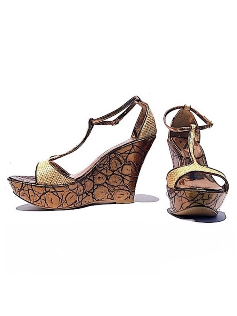 Sergio Zelcer T-Strap Metallic Leather Platform Wedge Sandals Size 7 LIKE NEW!